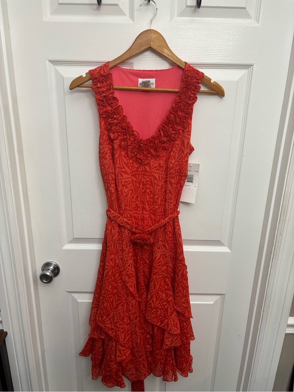 Ruffled V-Neck Fairycore Balletcore Peach & Coral Sleeveless Midi Dress w/Tie